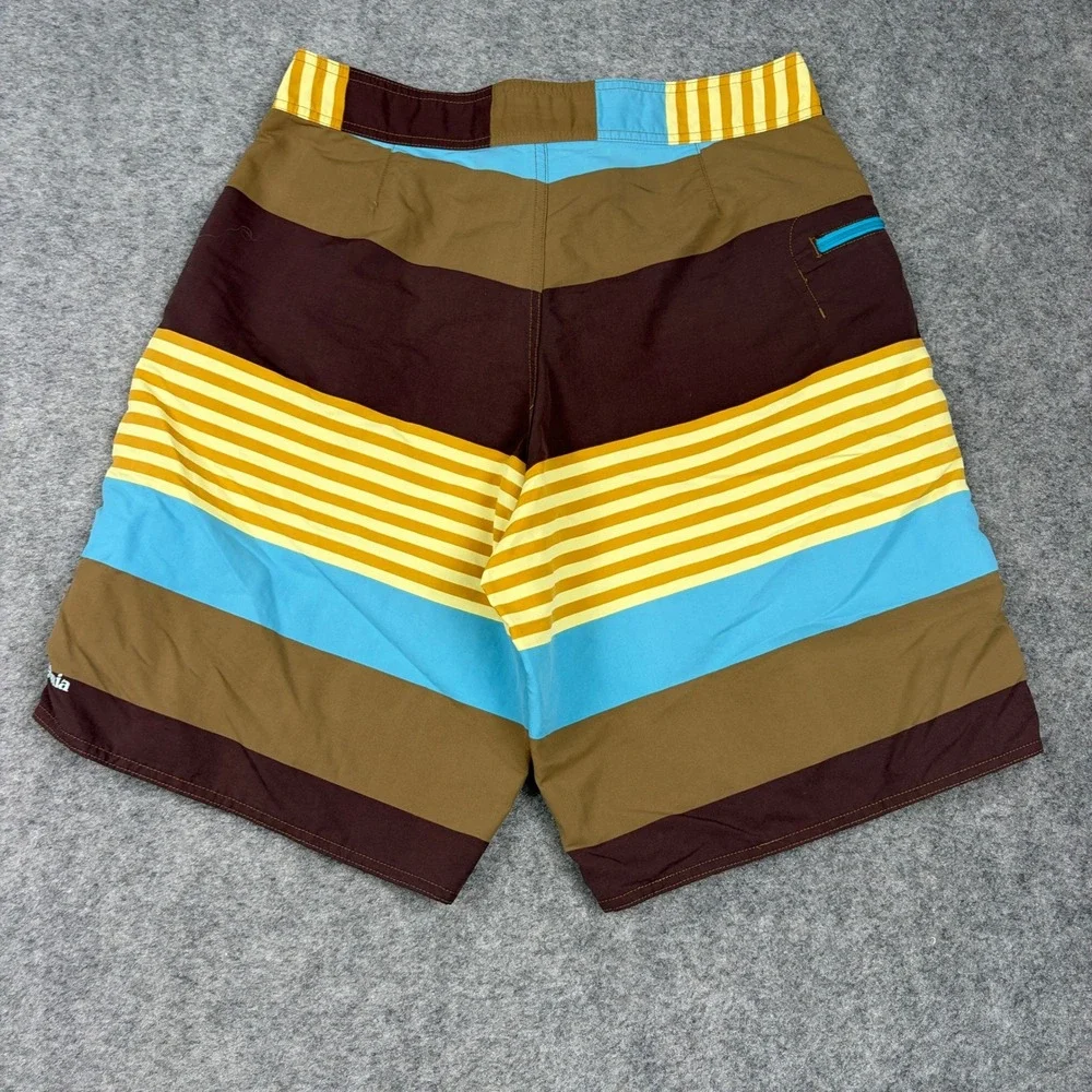 Patagonia Board Shorts Mens 32‎ Brown Blue Yellow Striped Swim Trunks Beach Surf